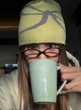 韩国蝴蝶结印花黄色针织帽女秋冬新款复古可爱百搭直筒毛线帽冷帽