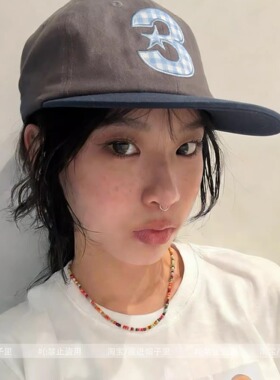 韩国ins博主格纹星星数字3刺绣鸭舌帽女可爱百搭软顶遮阳棒球帽男