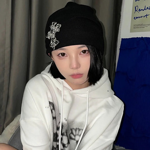 暗黑宝石十字架嘻哈朋克冷帽针织帽街头潮人堆堆帽亚文化帽子Y2K