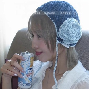 平井桃Momo同款玫瑰花朵套头帽女小众时尚镂空透气针织包头帽子潮