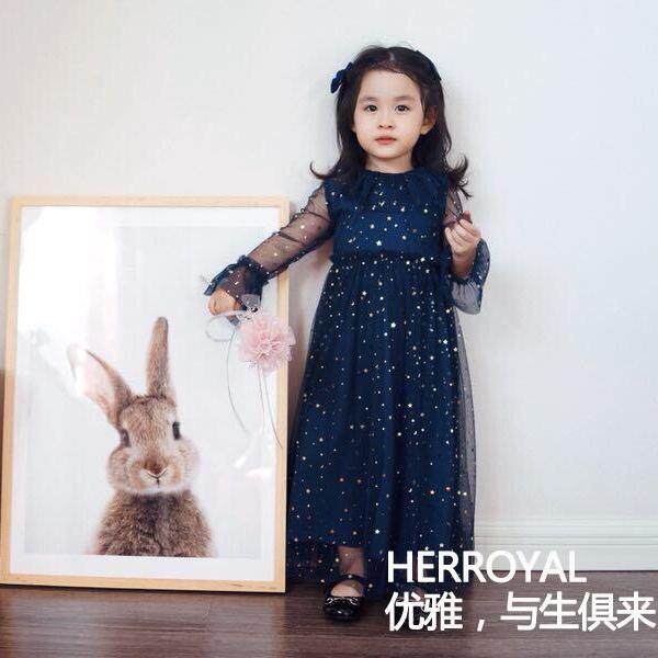 HERROYAL春夏女童公主裙连衣裙长袖纱裙钢琴表演生日礼服裙亲子