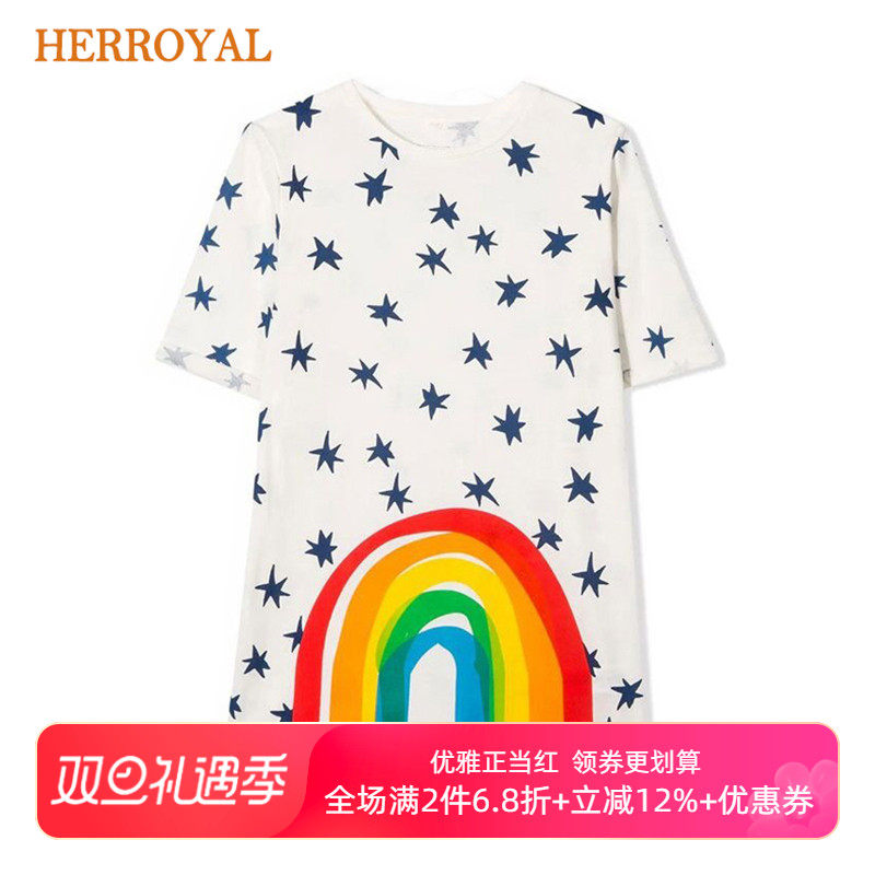 HERROYA 度假裙星星彩虹连衣裙少女T恤裙中长款女童沙滩裙亲子