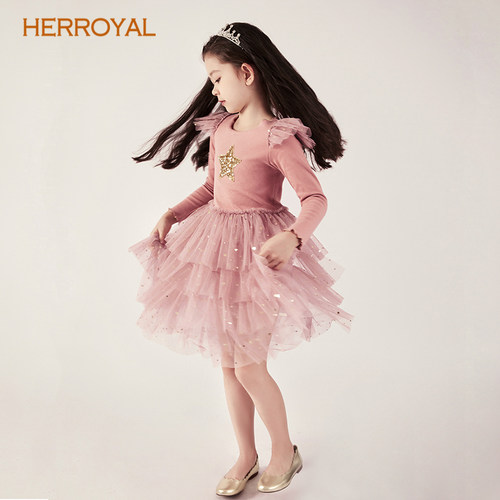 HERROYAL女童刺绣星星蓬纱连衣裙