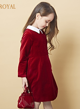 HERROYAL女童丝绒棉生日红色礼服裙秋冬装连衣裙圣诞新年装中大童