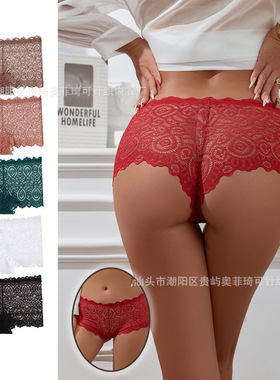 大码蕾丝内裤女性感镂空透气花边女士内裤中腰平角裤boyshort