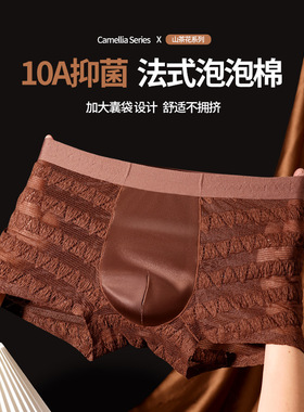 202510a抑菌山茶花香氛润肤蕾丝棉感提花性感男士绸网平角裤