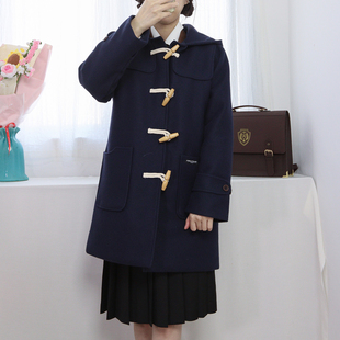 日系学院风牛角扣连帽夹棉毛呢大衣jk制服外套女软妹藏青呢子原宿