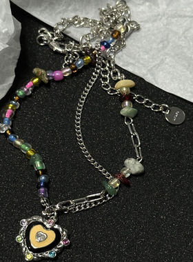 Vintage彩色串珠爱心项链女轻奢小众设计感多巴胺锁骨链
