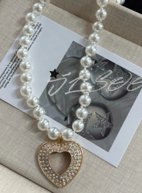 JLSOO珍珠爱心项链女时尚气质轻奢闪钻吊坠锁骨链