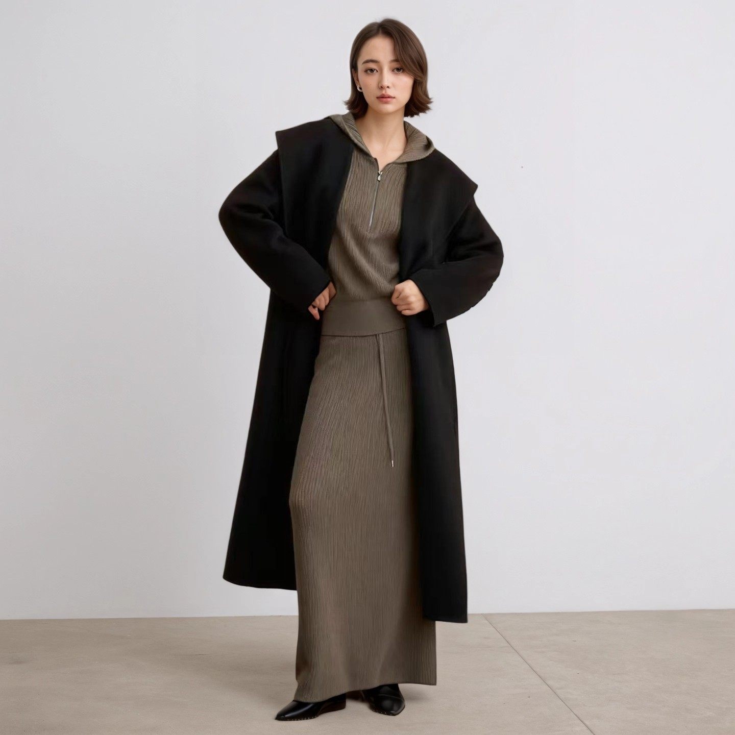 秋冬韩版黑色长款显气质毛呢外套