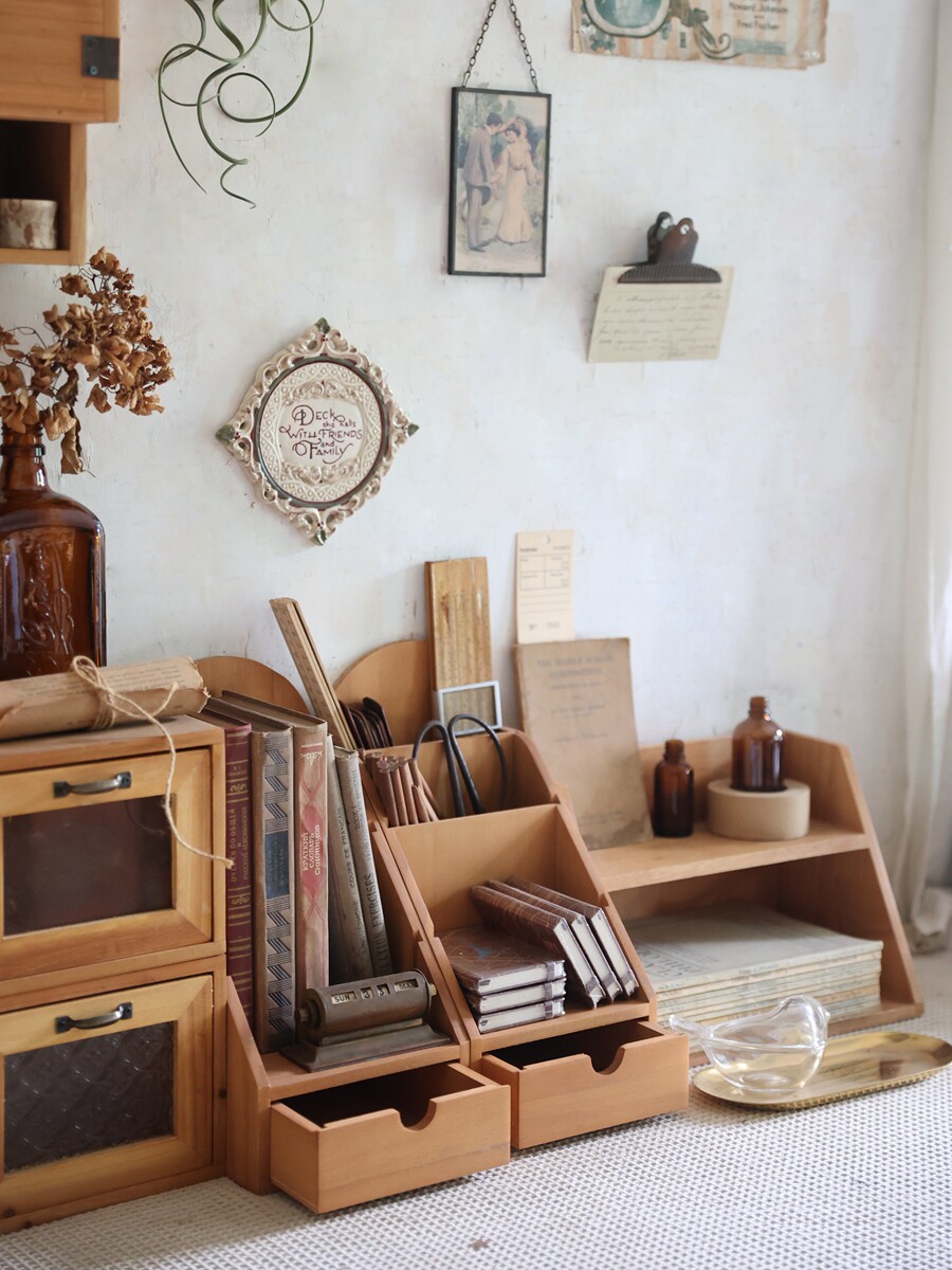 SANSHAN 홈 오피스 책상 나무 복고풍 스토리지 박스 데스크 주최자 다층 펜 홀더 스토리지 랙 데스크탑 작은 책장