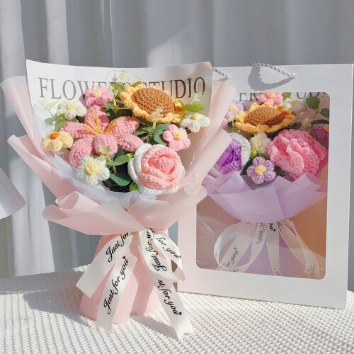 毕业手捧玫瑰花束向日葵成品毛线编织花郁金香女老师朋友生日礼物