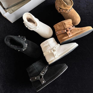 厚底防滑短筒马丁靴女 加绒加厚保暖棉鞋 复古真皮雪地靴女新款 冬季