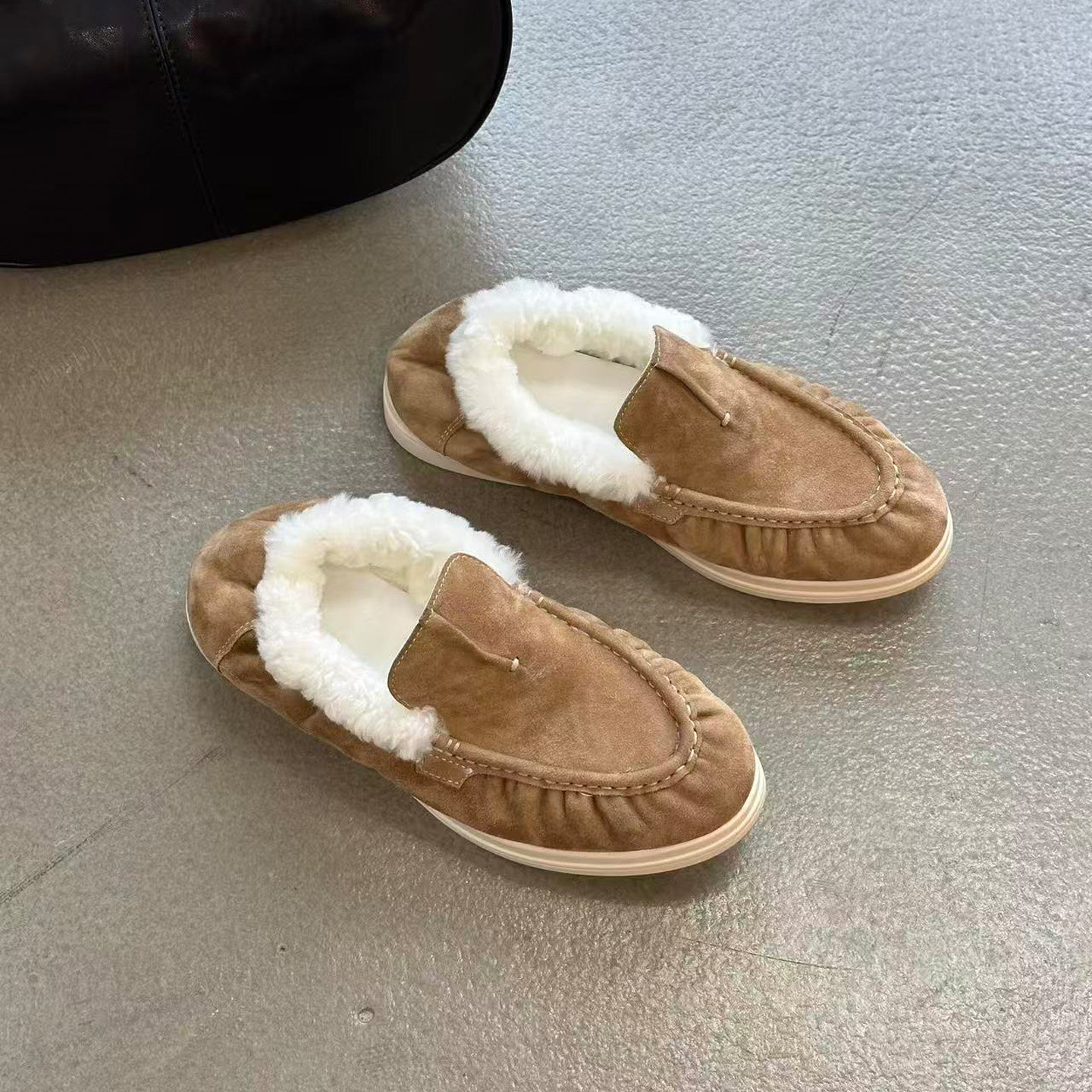 反绒皮乐福鞋女加绒保暖一脚蹬懒人皮毛一体毛毛鞋百搭豆豆鞋软底,女鞋,乐福鞋（豆豆鞋）,淘宝优惠券,粉丝福利购,淘宝优惠卷