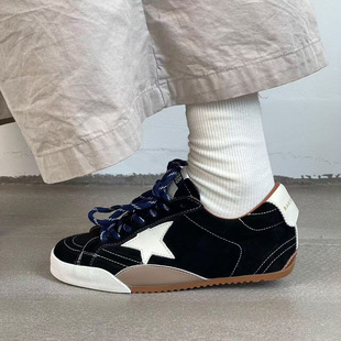 带圆头软底休闲鞋 内增高双鞋 舒适透气 女四季 真皮复古做旧星星板鞋