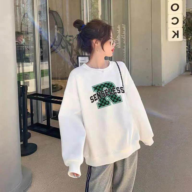 秋冬款纯棉加绒不加绒卫衣女宽松圆领中长款个性字母长袖百搭上衣