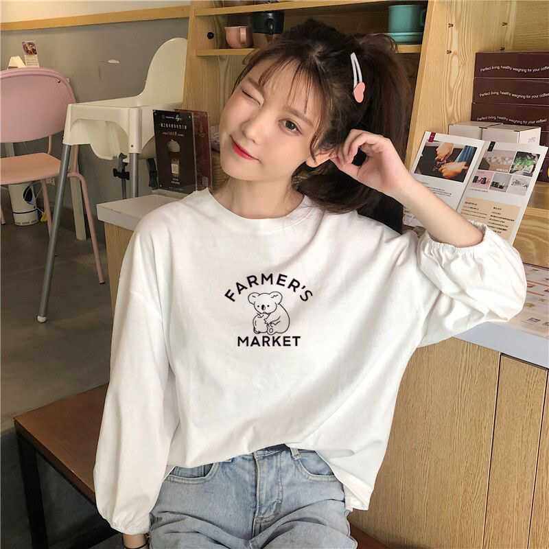 纯棉九分长袖T恤女薄款春秋学生韩版宽松ins学院风百搭灯笼袖上衣