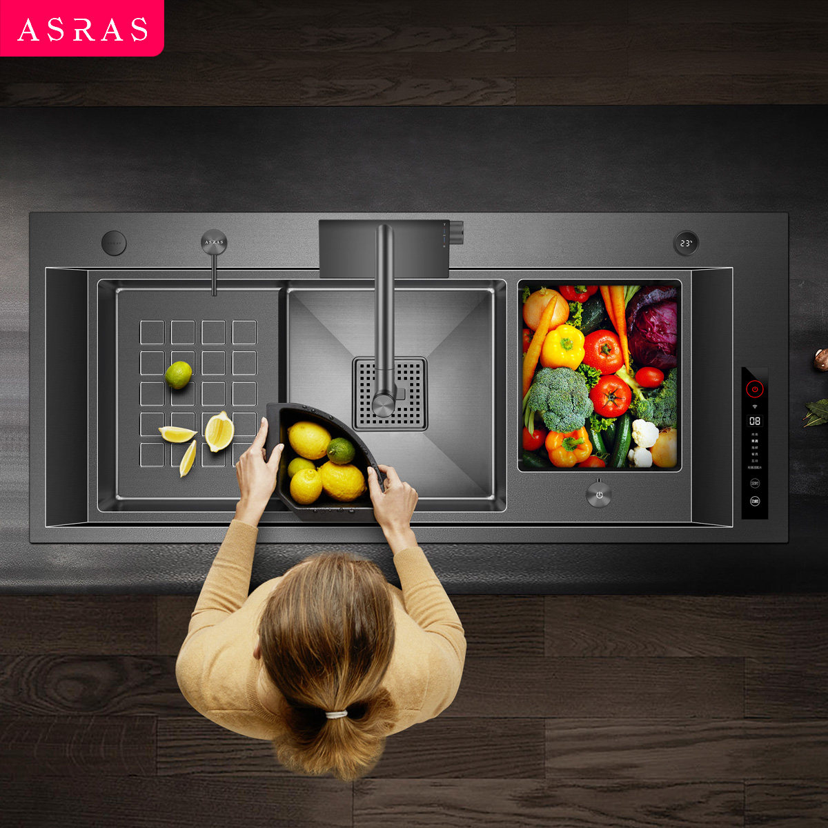 阿萨斯智能果蔬净化水触媒水槽厨房大单槽不锈钢黑色纳米洗菜盆厚