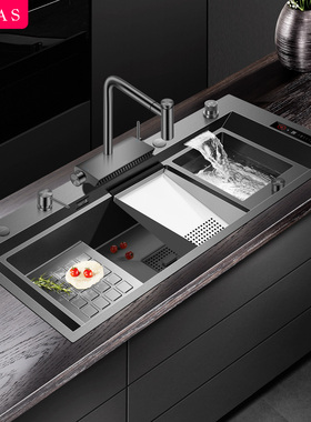 阿萨斯智能果蔬净化水触媒水槽厨房大单槽不锈钢黑色纳米洗菜盆厚