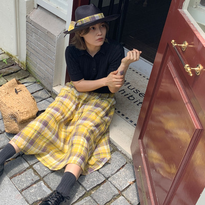 WOKERKER黄色格子背带裙