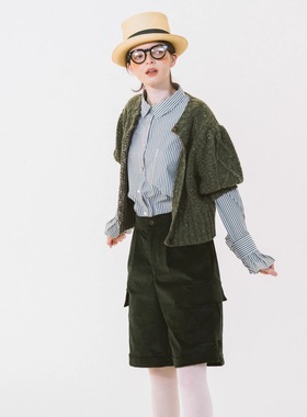 WOKERKER  秋款日系复古灯芯绒墨绿色五分显瘦高腰工装短裤