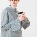 秋款 纯棉衬衫 日系复古绿条纹通勤修身 百搭款 长袖 WOKERKER