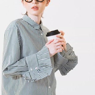 秋款 纯棉衬衫 日系复古绿条纹通勤修身 百搭款 长袖 WOKERKER