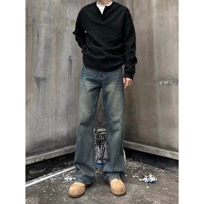 复古蓝牛仔裤男款2025春秋季新款cleanfit美式高街宽松直筒微喇裤