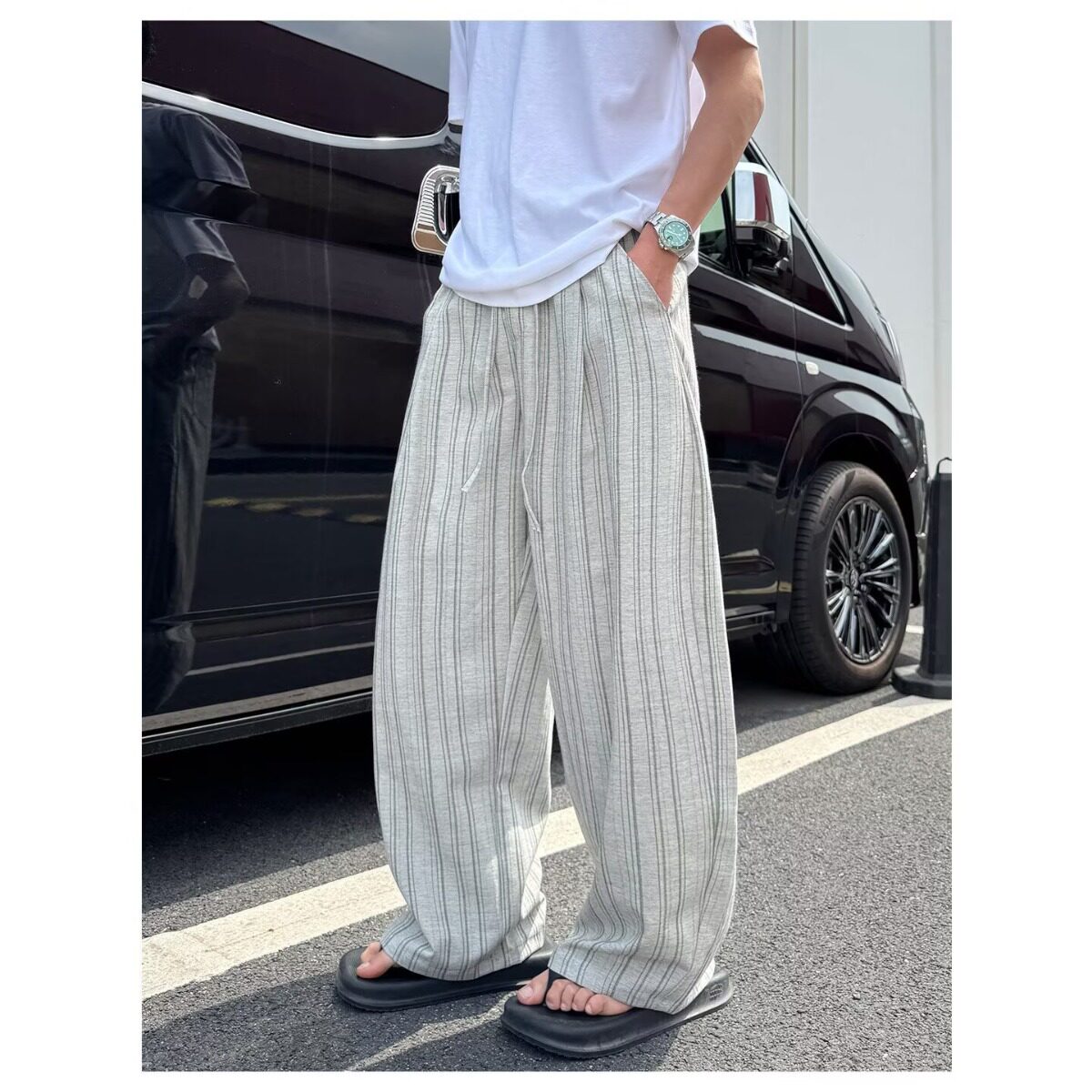 夏季薄款条纹直筒裤系带休闲裤男宽松垂感阔腿裤老钱风撞色长裤子