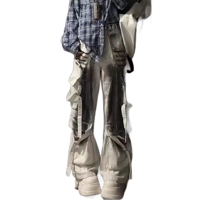 欧美高街水洗脏白美式牛仔裤男喷墨绑带机能设计口袋工装拖地裤子