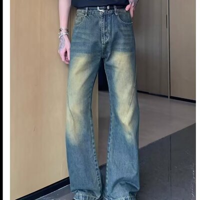 美式vibe裤子水洗做旧复古蓝牛仔裤男直筒修身显瘦cleanfit微喇裤