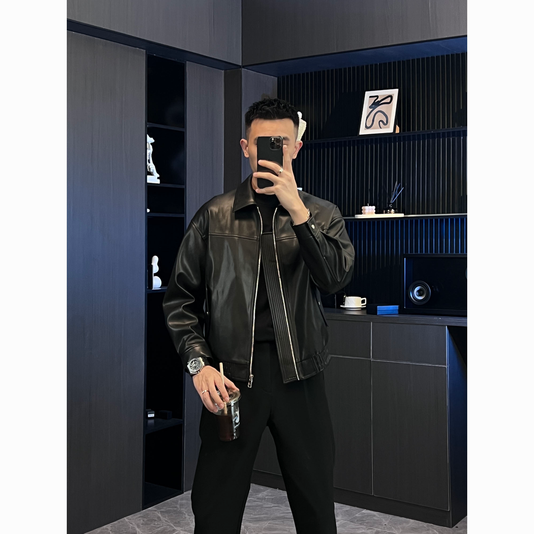 皮夹克男2024春秋季新款潮牌痞帅休闲百搭修身纯色翻领机车服外套