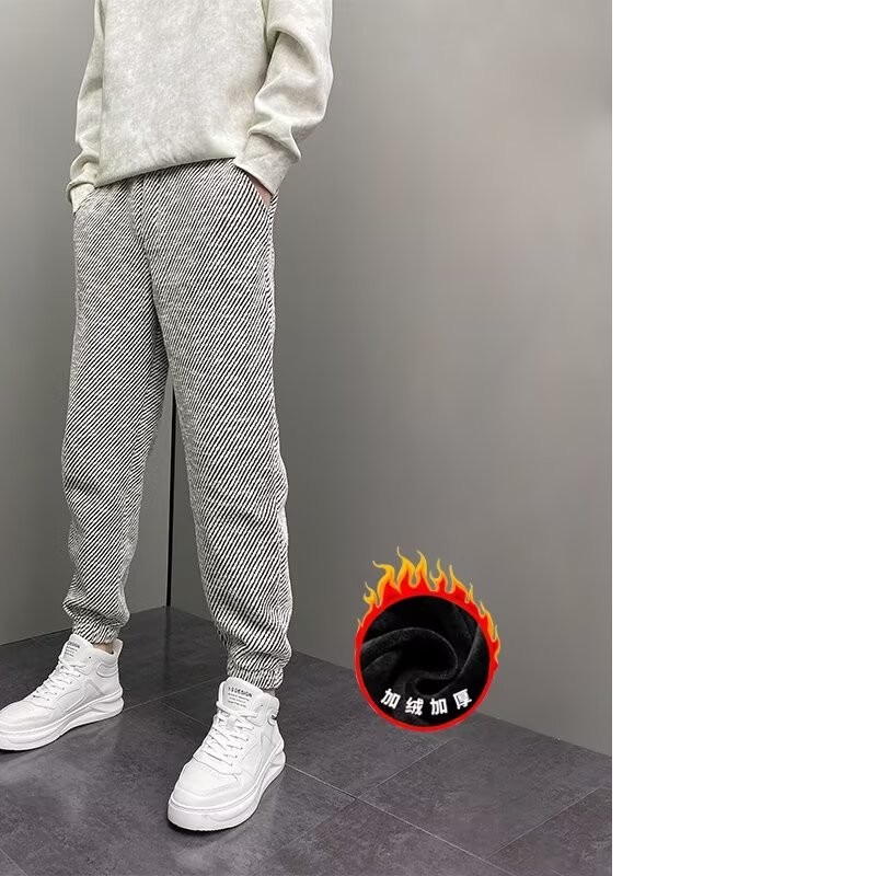 休闲长裤子男士秋冬季加绒2024新款条纹潮牌百搭直筒运动卫裤男款