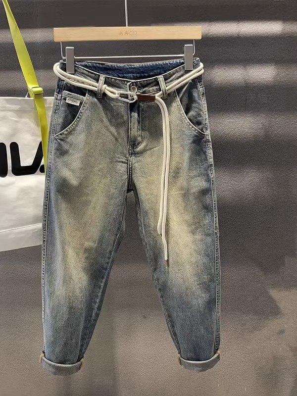 高端复古渐变泥黄色九分牛仔裤男潮牌斜口袋萝卜锥形小脚9分裤薄