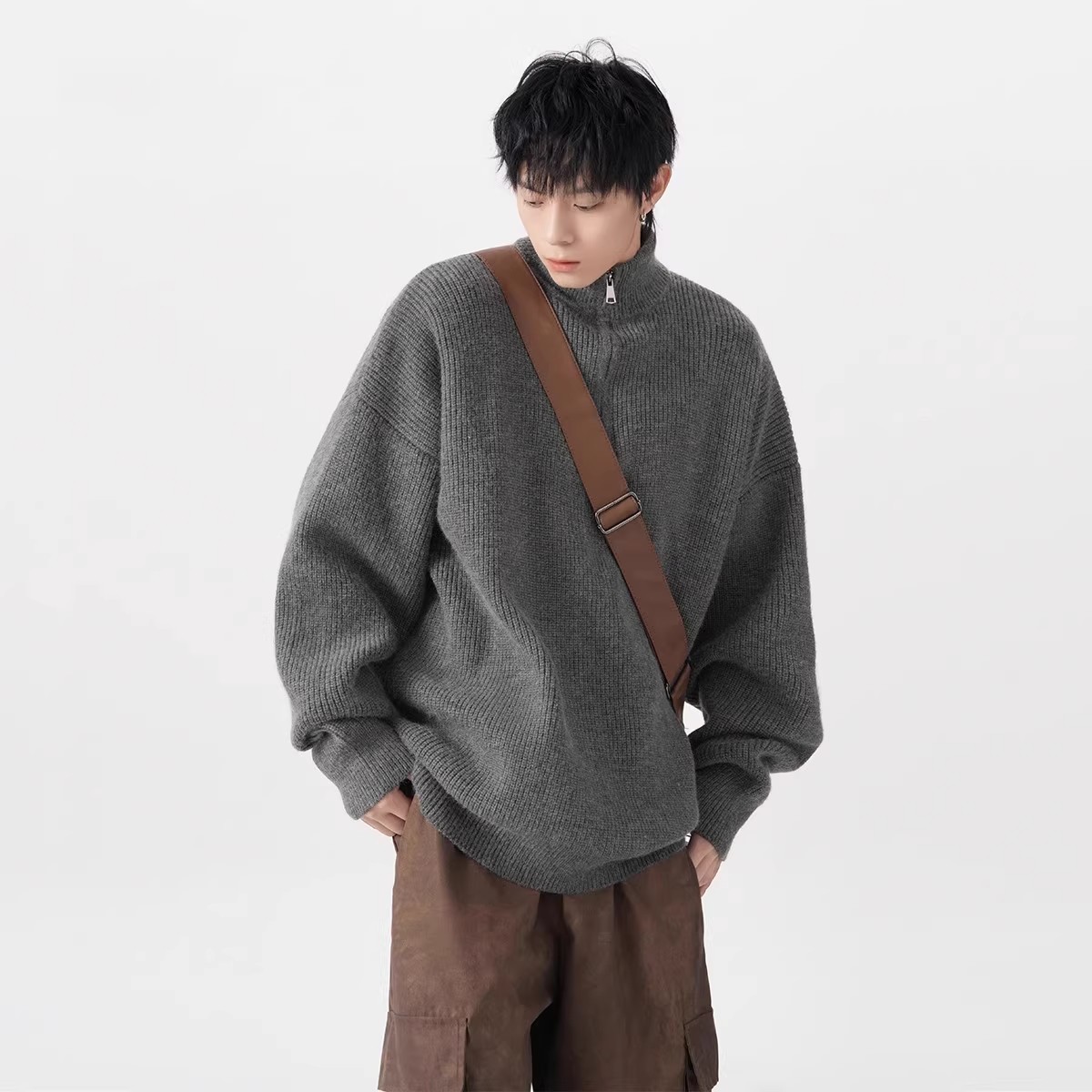 美式半拉链毛衣男秋冬季潮牌高级感宽松慵懒风休闲针织衫卫衣外套