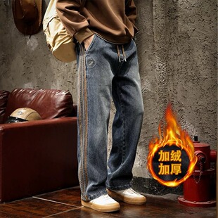 秋冬款青少年牛仔裤子男孩初中高中学生加绒加厚大童直筒休闲长裤