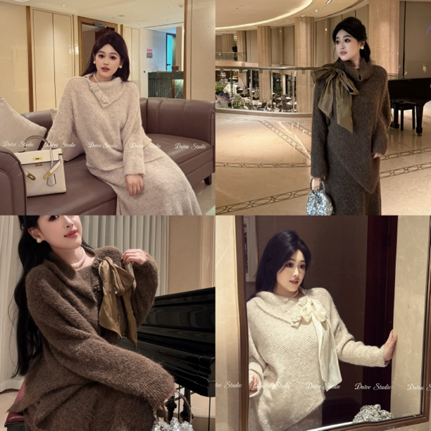 DATOO【暖冬麦香】微胖大码针织常规袖蝴蝶结褪色毛针织衫套头衫