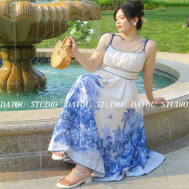 哒头·STUDIO【蓝岛梦境】【重工定染】微胖大码设计感轻奢连衣裙