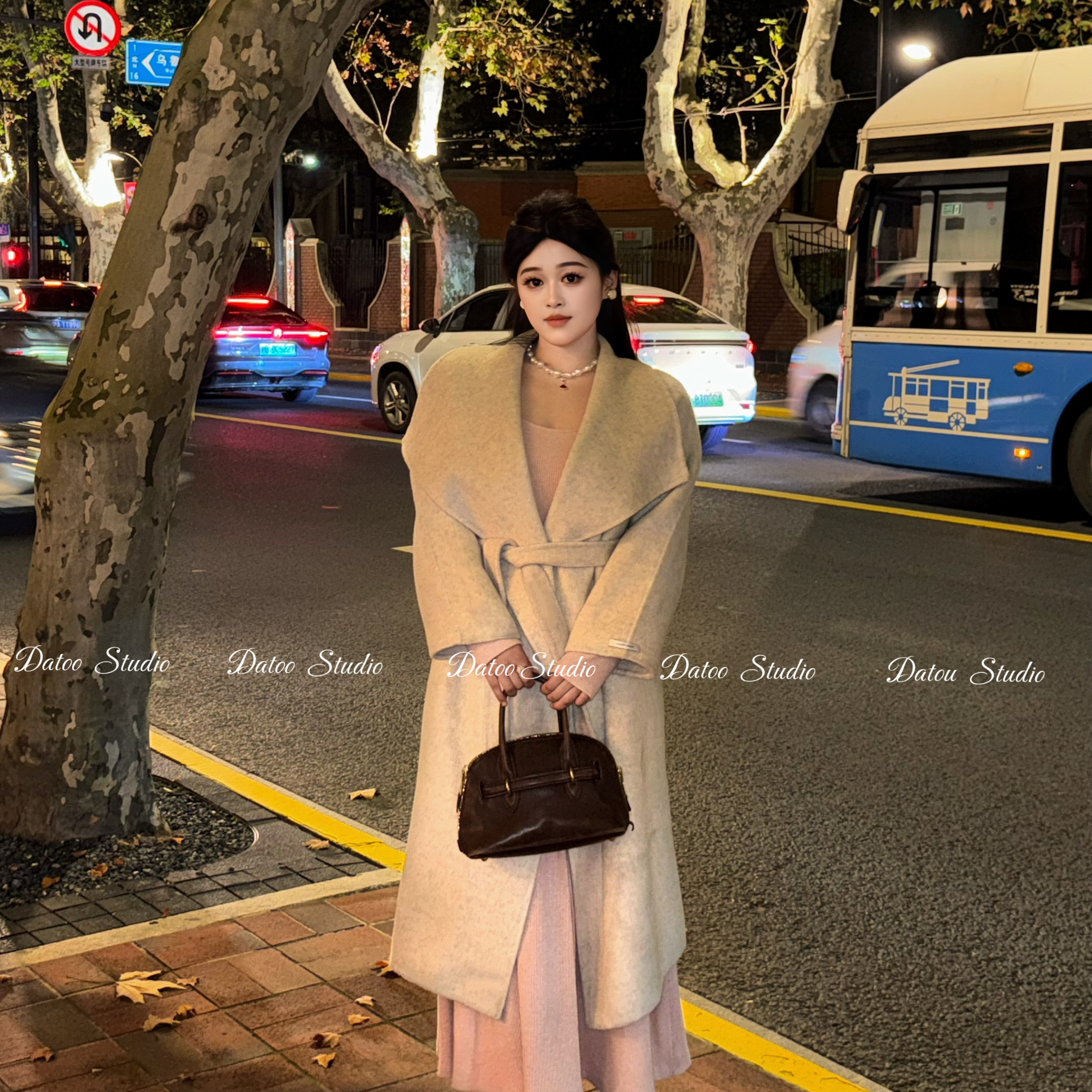 DATOO【人生秀场】秋冬气质人翻领中长款70双面呢大衣宽松百搭