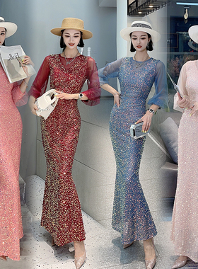 鱼尾晚礼服裙女2025轻奢小众高端亮片蓝色高级质感宴会气质主持人