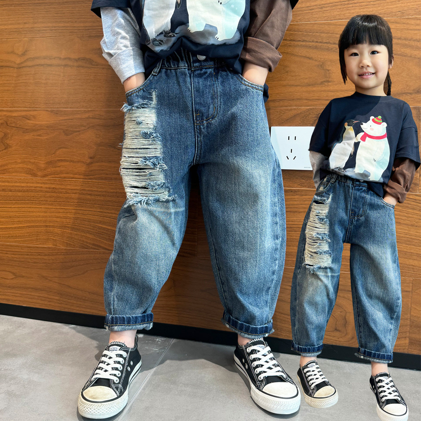 女童破洞牛仔裤子韩版小脚裤图片