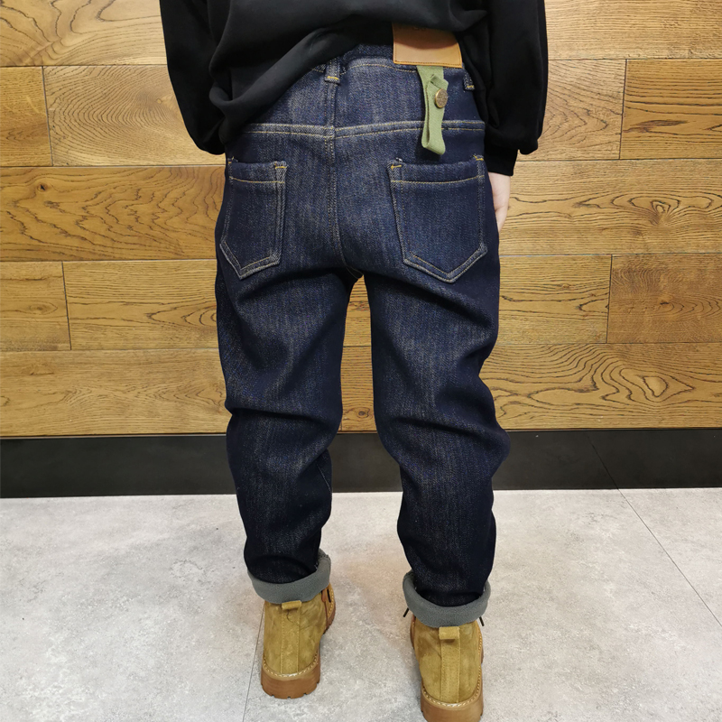 儿童男童一体绒不掉色牛仔小脚裤