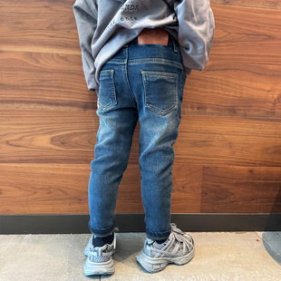 童装男童薄绒小脚修身瘦版牛仔裤子2025冬季抓绒宝宝韩版儿童长裤
