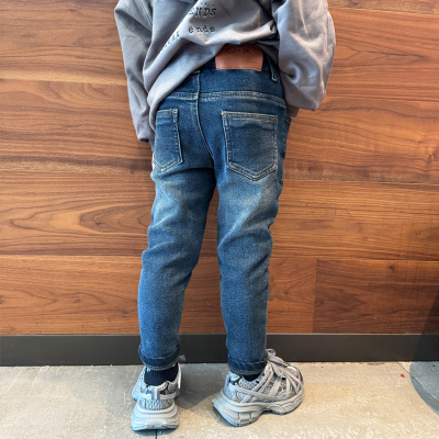 童装男童薄绒小脚修身瘦版牛仔裤子2025冬季抓绒宝宝韩版儿童长裤