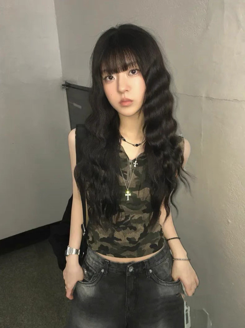美式复古迷彩字母连帽背心女春夏新款辣妹修身外穿短款无袖上衣