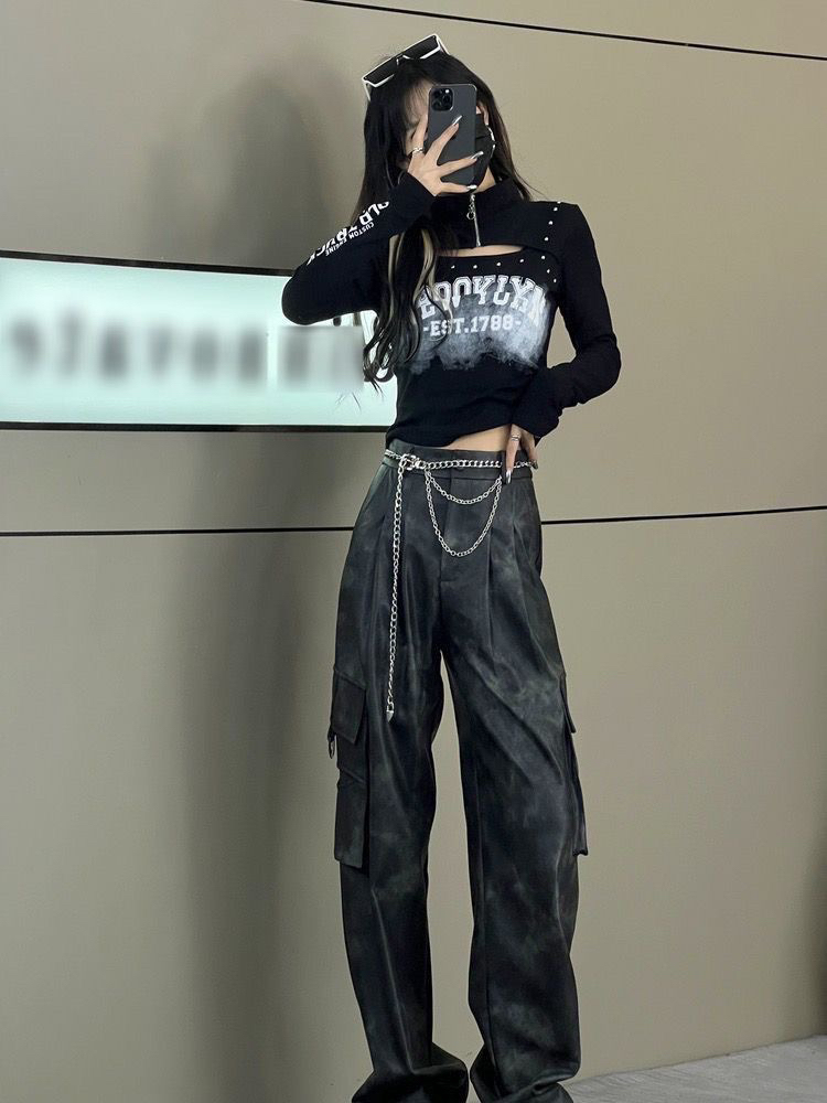 字母印花领口拉链镂空设计显瘦百搭上衣女秋冬装美式复古长袖T恤