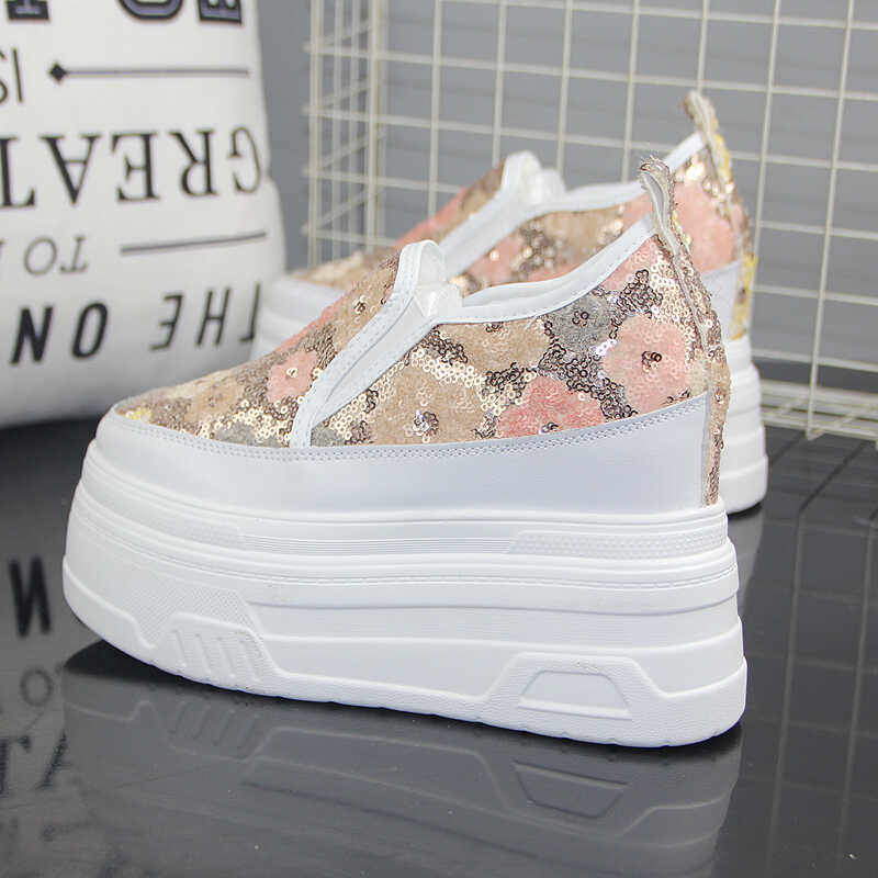 超高跟12cm一脚蹬女鞋小白鞋女亮片10cm小个子女鞋休闲运动乐福鞋