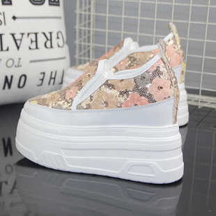 超高跟12cm一脚蹬女鞋小白鞋女亮片10cm小个子女鞋休闲运动乐福鞋