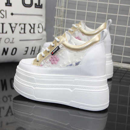 内增高14cm小白鞋女2024年夏季网纱轻便透气松糕厚底百搭休闲板鞋