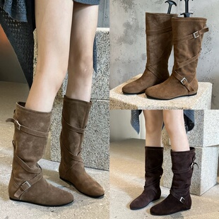 薇玖芭2025新款 真皮厚底西部牛仔靴女增高休闲长靴百搭舒适女鞋